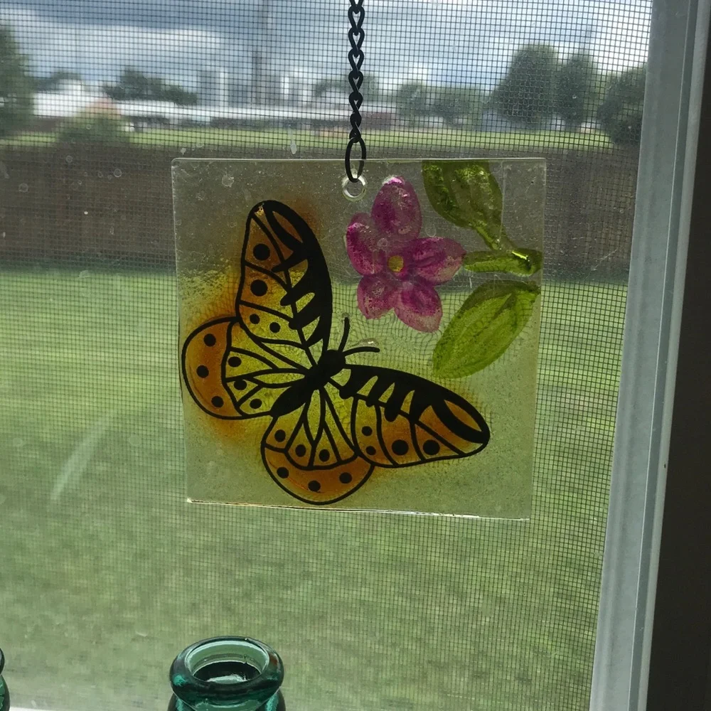 Window Hanging Glass Square Tile Butterfly And Flowers Painted Art Sun Catcher